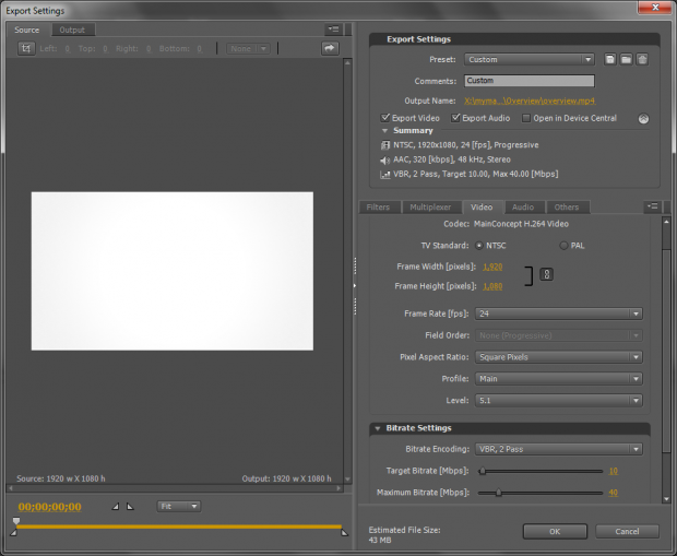Export settings for Adobe Media Encoder