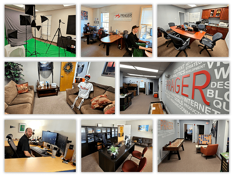 Nine views inside the Prager Microsystems office in Collegeville, Pennsylvania: workstations, the conference room, the branded wall and the photo studio
